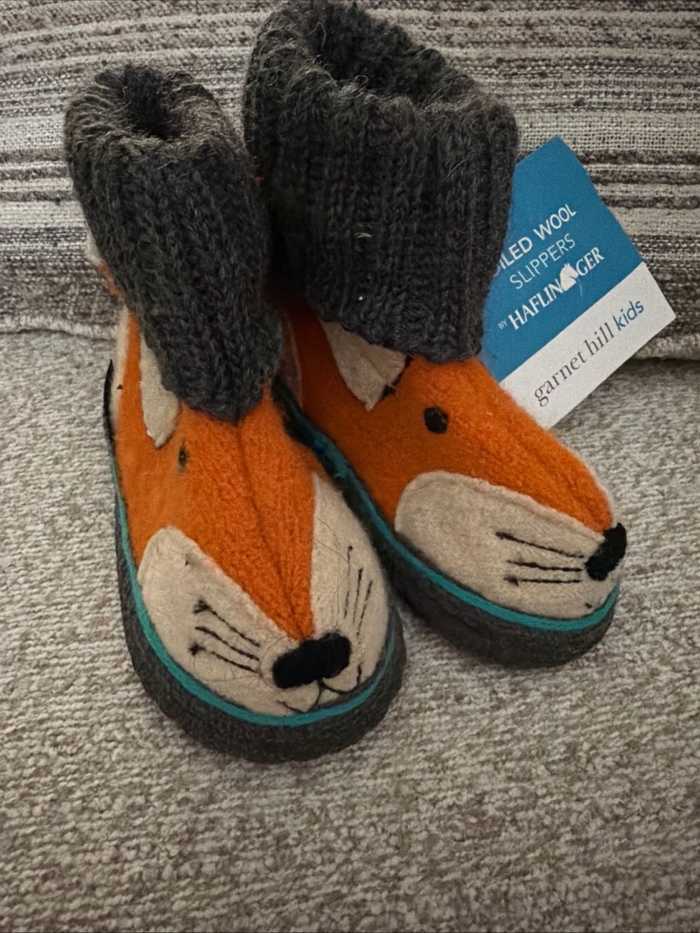 Garnet Hill Orange Fox Felted Wool Kids Slippers with Gray Knit Cuffs